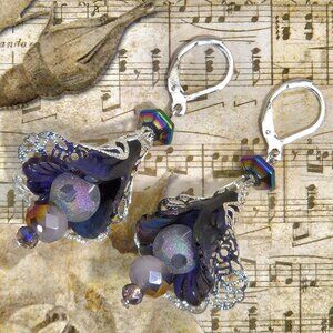 Dark Purple Irides Silver Hand Painted Lucite Flower Earrings, Crystal, Filigree